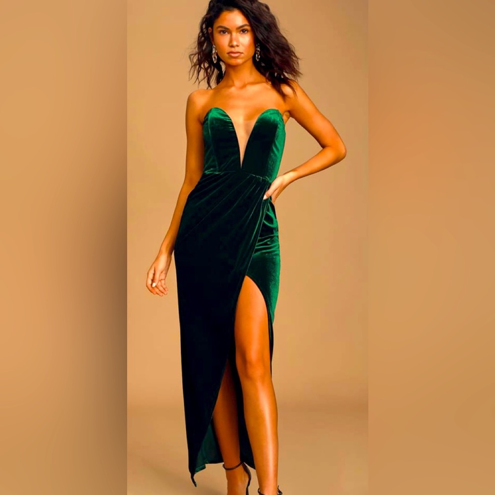 My Dream Come True Forest Green Velvet Strapless Maxi Dress